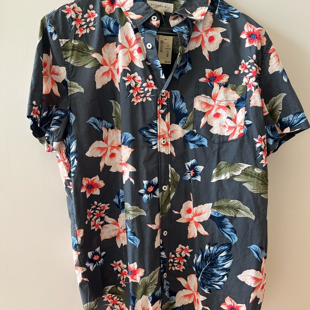 Floral Short Sleeve Shirt - Gray and Blue
